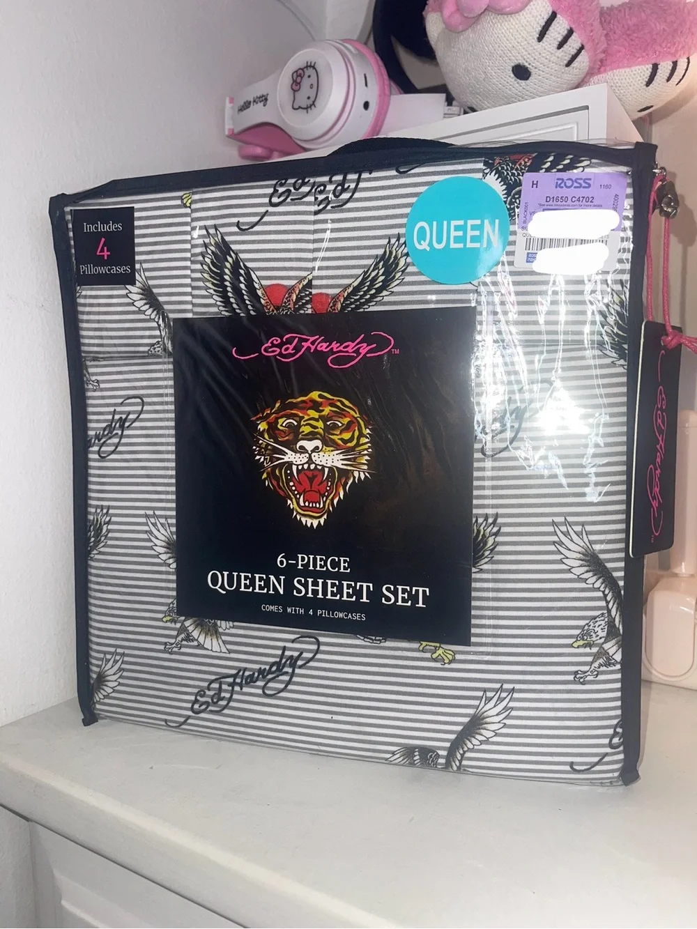 NWT Ed Hardy Queen Sheet Set - Gray Stripes with Tiger and Wings